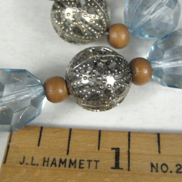 Necklace Women 60 Inch Jewelry Silvertone Blue Wooden Rope Lariats FLAWED Beads - Picture 9 of 10